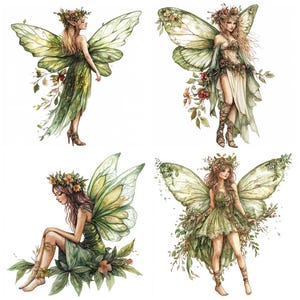 Watercolor Fairy PNG Clip Art, 12x Forest Fairy Clipart Set, Green Leaf ...