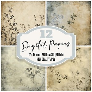 12 Distressed Floral Digital Paper, Junk Journal Paper Pack,Aged Botanical Silhouette Texture,Vintage Nature Backgrounds,Printable Scrapbook