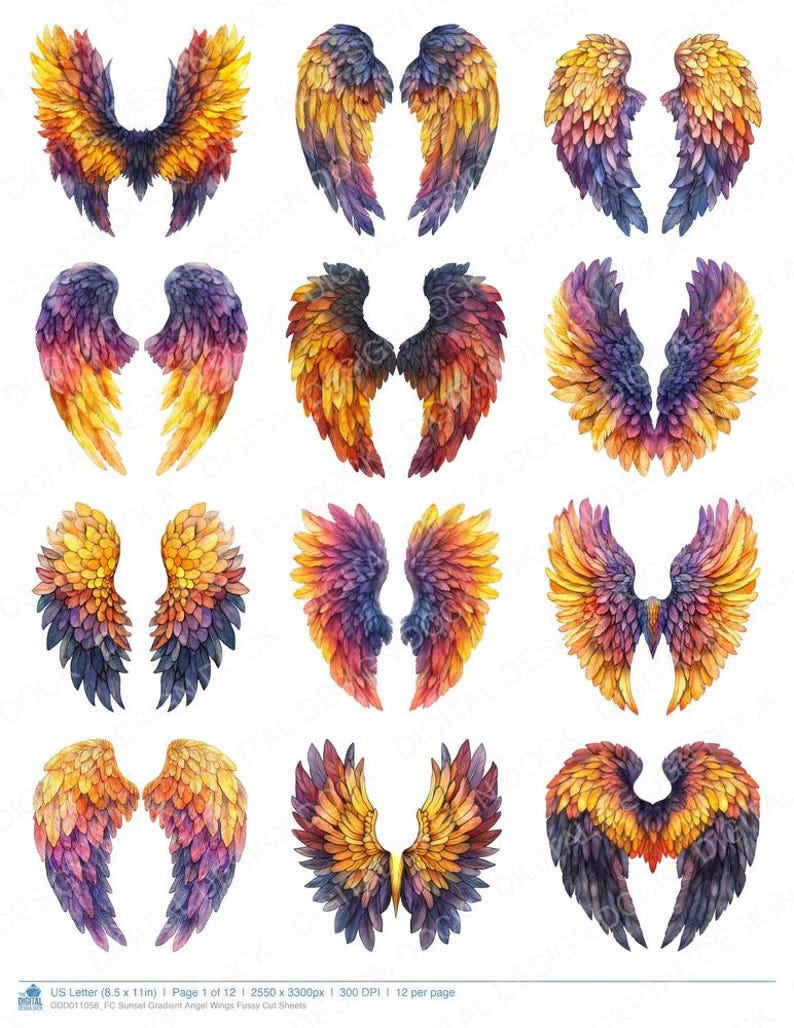 Wing Gradient Simple Sunset Gradient Angel Wings Fussy Cut Sheets, 12x Printable Pages, Junk ...