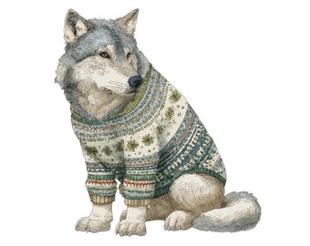 12x Wolf PNG Clipart, Christmas Wolf in Sweater Clip Art Set, Printable Watercolor Clip Art, Digital Download, Transparent PNG, Holiday Wolf