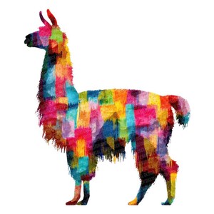 May include: A colorful llama illustration with a white background. The llama is depicted with a vibrant patchwork design of various colors, including red, yellow, blue, and green. The artwork has a watercolor effect.