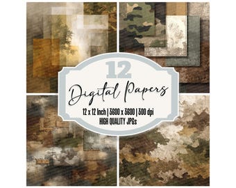 12x Camo Junk Journal Paper Digital Paper Pack Classic Camouflage Textures Scrapbook Paper Printable Military Backgrounds Distressed JPGs