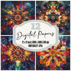12x Kaleidoscopic Lotus Mandala Junk Journal Paper Confezione di carta digitale Sfondi floreali sacri JPG di alta qualità Download di album