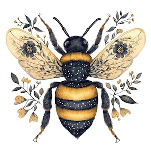May include: Watercolor illustration of a bumblebee with black and yellow stripes, detailed wings, and floral accents. The bee is surrounded by delicate leaves and flowers, creating a nature-inspired design.