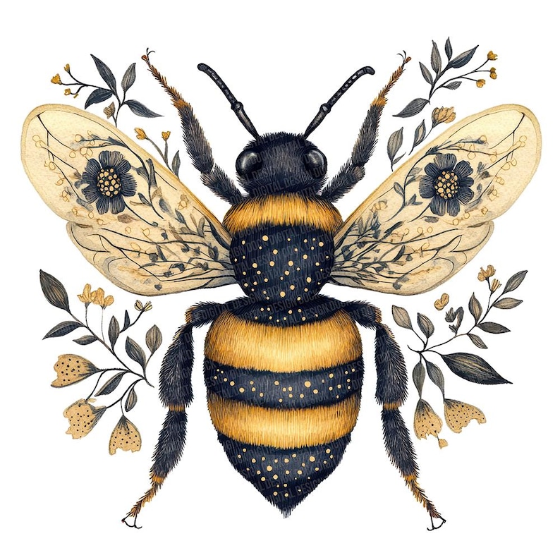 May include: Watercolor illustration of a bumblebee with black and yellow stripes, detailed wings, and floral accents. The bee is surrounded by delicate leaves and flowers, creating a nature-inspired design.