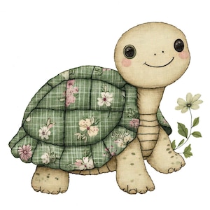 May include: A charming illustration of a smiling turtle with a green floral patterned shell. The turtle has a beige body, rosy cheeks, and a small flower next to it. The artwork has a soft, textured appearance.