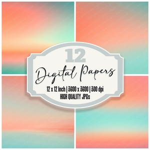 May include: A digital art image featuring four quadrants of abstract backgrounds in shades of coral, orange, and teal. The image includes a central label that reads "12 Digital Papers" with size and resolution details.