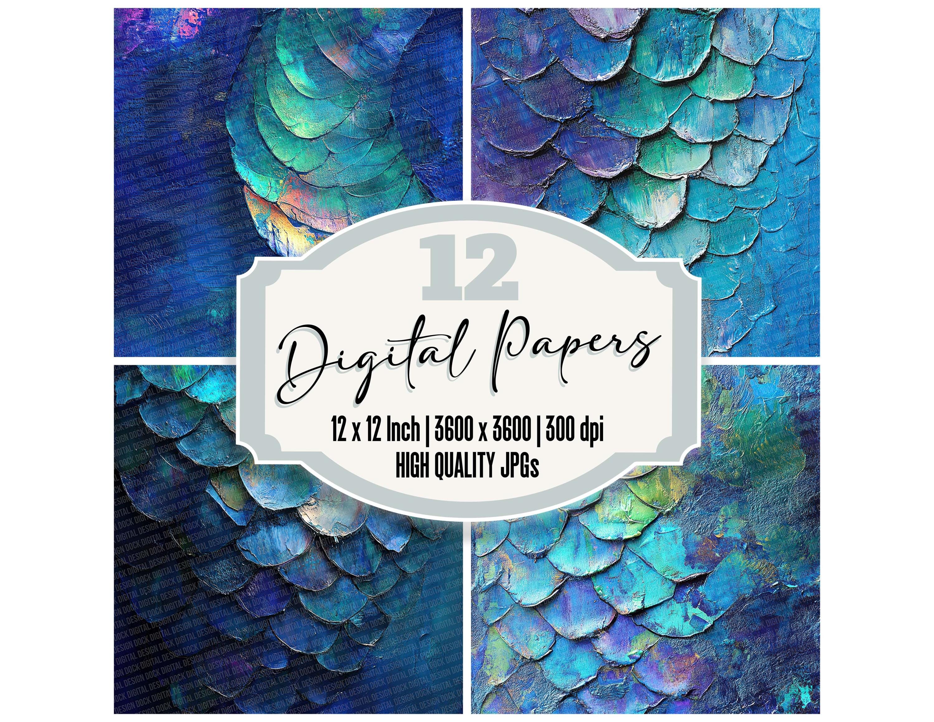 12x Mermaid Scale Junk Journal Paper Shimmer Tail Digital Paper Pack High Quality JPGs Fantasy Ocean Texture Scrapbook Paper Download