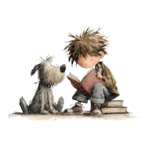 Puede incluir: Ilustración de un niño leyendo un libro a un perro. El niño, con chaqueta marrón y pantalón azul, está sentado sobre libros. El perro, gris y esponjoso, mira el libro. Un ambiente cálido y amigable.