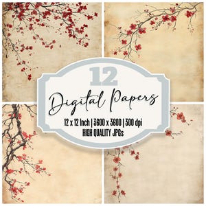 12x Sakura Ink Top Junk Journal Papier Japanische Blumen Digital Paper Pack Vintage Textur Hohe Qualität JPGs Download