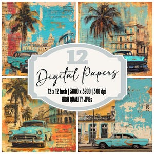 12 x Cuba Rhythm Junk Journal Paper paquet de papier numérique vintage Arrière-plans de La Havane en détresse JPG de haute qualité Pages de journal en papier Scrapbooking