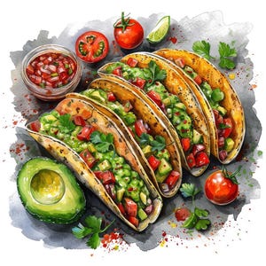 Taco PNG Clipart, 12x Mexican Food Clip Art Set, Printable Watercolor Taco Clipart, Transparent PNG, Digital Download, Fiesta Party Decor image 8