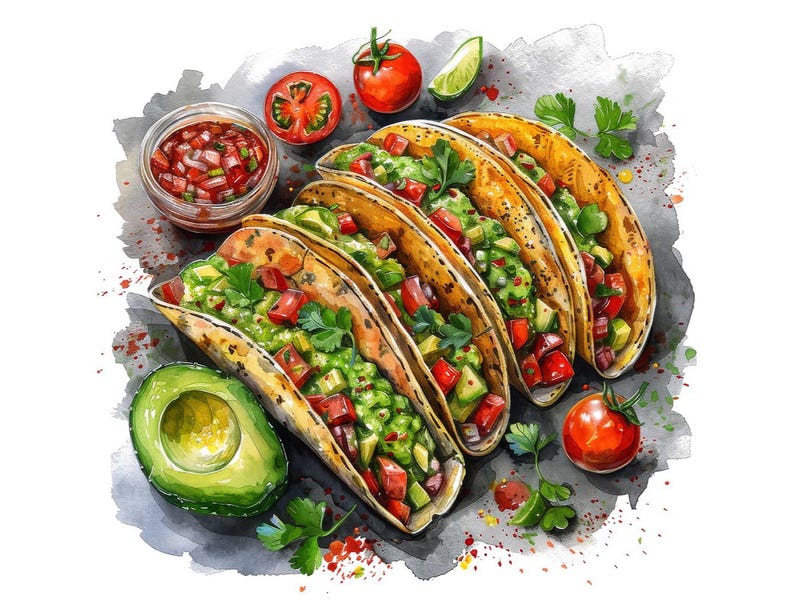 Taco PNG Clipart, 12x Mexican Food Clip Art Set, Printable Watercolor Taco Clipart, Transparent PNG, Digital Download, Fiesta Party Decor image 8