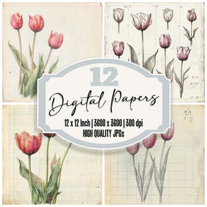 12x Tulip Flower Junk Journal Paper Botanical Digital Paper Pack High Quality JPGs Distressed Texture Scrapbook Paper Digital Download