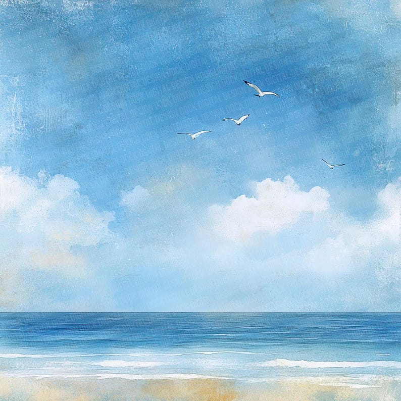 K&ouml;nnte beinhalten: Ein Aquarellbild einer Meereslandschaft mit blauem Himmel, wei&szlig;en Wolken und einem ruhigen blauen Meer mit einem Sandstrand. Vier wei&szlig;e M&ouml;wen fliegen in Formation &uuml;ber den Himmel.