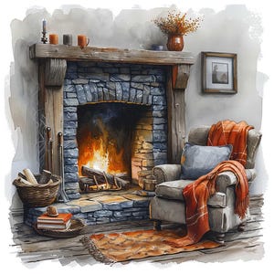 Chimenea acogedora PNG Clipart, Set de 12 sillas rústicas y chimenea, Clip Art de acuarela imprimible, Fondo transparente, Descarga digital