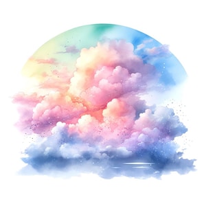 Rainbow Cloud Clipart, 12x Watercolor Sky Elements Set, Printable Pastel Clouds Art, Digital Download, Transparent Background, JPG Bundle