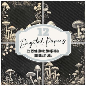 12 x bordure de papier pour journal indésirable champignon encre paquet de papier numérique arrière-plans botaniques sombres JPG haute qualité téléchargement de scrapbooking