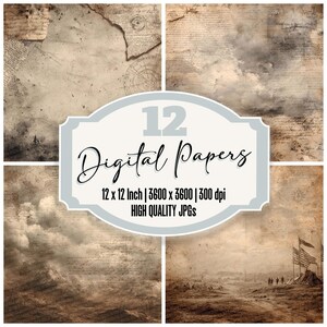 Paquete de 12 papeles digitales de diario de campo de batalla con notas antiguas, textura de bandera, paisaje brumoso, archivos JPG de alta calidad, descarga de álbumes de recortes