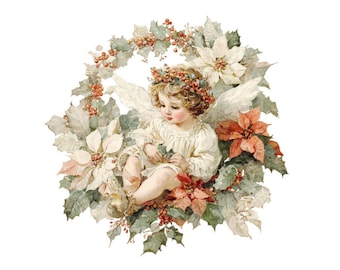 Clipart de Querubim de Natal com Poinsétia, Conjunto de 12 Ilustrações Vintage de Anjos, Arte em Aquarela para Imprimir, Download Digital, PNG Transparente