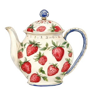 Théière PNG Clipart, 12 x fraise porcelaine clipart ensemble, clipart aquarelle imprimable, créations en papier, téléchargement numérique, lot de journaux indésirables