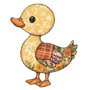 May include: A whimsical illustration of a yellow duck with a floral pattern on its body and head. The duck has an orange beak and feet, and its wings are a patchwork of different floral and plaid fabrics. The duck is standing upright.