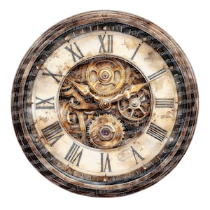 May include: A vintage clock face with Roman numerals and intricate gold gears visible through the face. The clock face is cream colored with brown accents and a dark brown outer ring.
