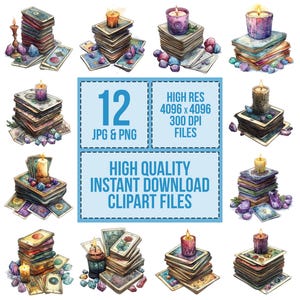 May include: Twelve watercolor illustrations of tarot cards stacked in piles with a lit candle on top of each pile. The cards are decorated with purple, pink, and blue crystals. The background is white.