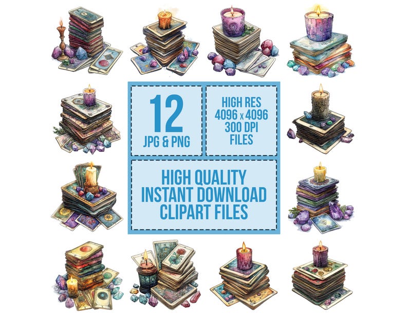 May include: Twelve watercolor illustrations of tarot cards stacked in piles with a lit candle on top of each pile. The cards are decorated with purple, pink, and blue crystals. The background is white.