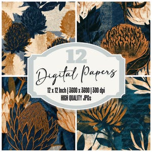 May include: Four digital paper designs with floral patterns in navy, gold, and cream. The image includes text that reads "12 Digital Papers", with details about the paper size and resolution. Each paper is 12 x 12 inches.