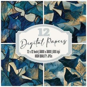 Könnte beinhalten: Eine Sammlung von 12 digitalen Papieren mit Rochenmotiven in Blau- und Goldtönen. Das zentrale Etikett zeigt 12 Digital Papers, 12 x 12 Inch, 3600 x 3600, 300 dpi, HIGH QUALITY JPGs. Die Muster zeigen sich überlappende aquatische Formen.