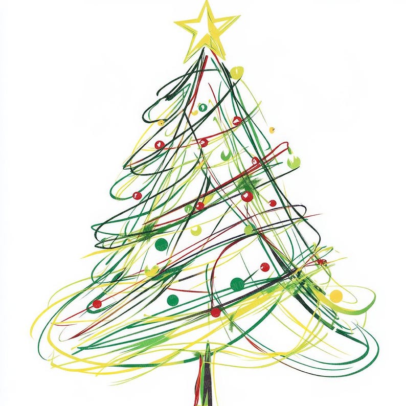 Puede incluir: Ilustraci&oacute;n de un &aacute;rbol de Navidad caprichoso con una estrella amarilla en la parte superior. El &aacute;rbol est&aacute; compuesto por l&iacute;neas garabateadas verdes, amarillas y negras, adornado con adornos rojos y verdes. El tronco del &aacute;rbol es marr&oacute;n, sobre un fondo blanco.