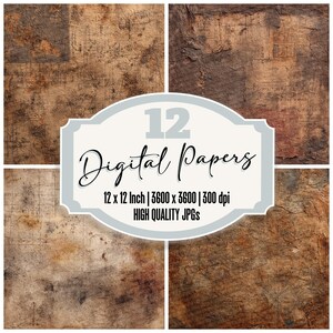 May include: A digital art collection featuring 12 high-quality JPGs. The image showcases four textured backgrounds in shades of brown and tan. The central design element is a white and light blue label with the text "12 Digital Papers" and product details.