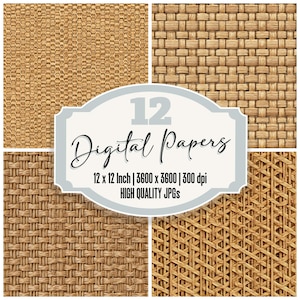 May include: Four digital paper designs with woven textures in shades of tan and brown. The image includes a central graphic with the text "12 Digital Papers" and details about the size and resolution.