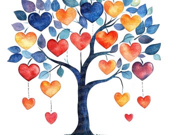 Heart Tree Clipart, 12x Autumn Love Tree Clipart, Watercolor Clipart, Digital Download, Paper Crafts, Scrapbook Images, Watercolor Love Tree