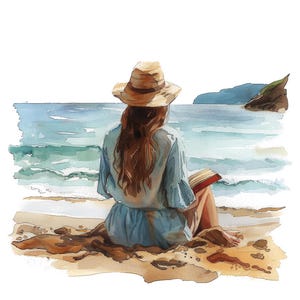 Beach Reading PNG Clipart, 12x Woman Reading on Beach Art Set ...