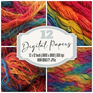 May include: A digital art image featuring four colorful textured backgrounds. The backgrounds are composed of vibrant strands of yarn in shades of red, orange, yellow, blue, and purple. The image includes the text "12 Digital Papers" and details about the paper size and resolution.