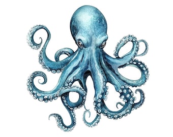 May include: A blue watercolor illustration of an octopus with eight tentacles. The octopus is depicted with a detailed and realistic style, showcasing its intricate body and tentacles.