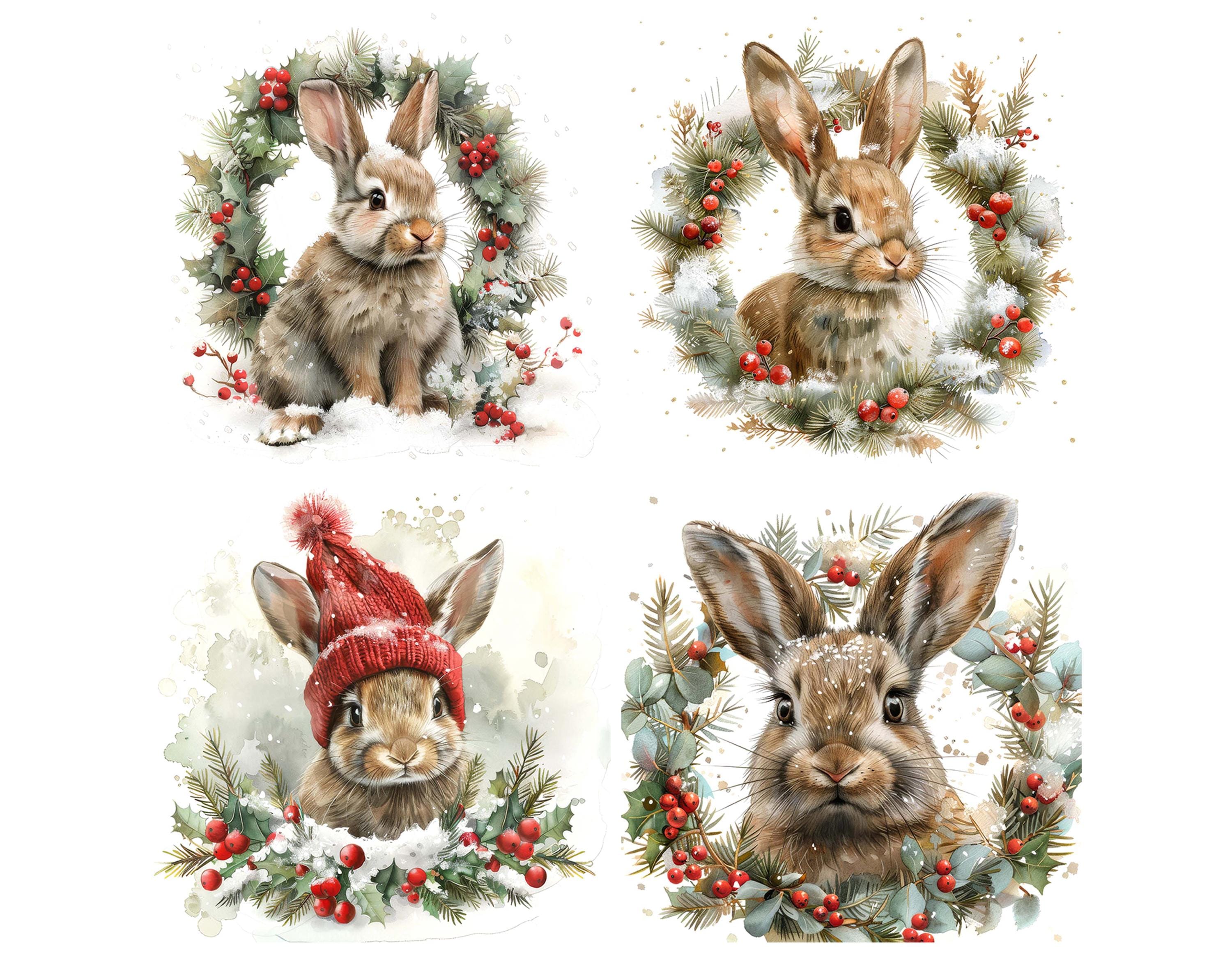 Winter Bunny PNG Clipart, 12x Cute Rabbit Wreath Set, Printable ...