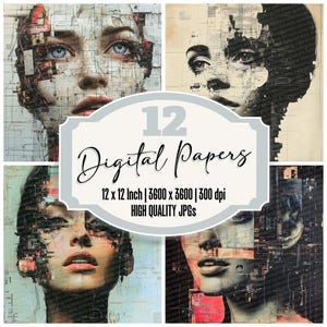 May include: A set of 12 digital papers featuring abstract, geometric, and collage-style designs in black, white, and grey. The papers are 12 inches by 12 inches and 3600 pixels by 3600 pixels at 300 dpi.  The papers are high quality JPGs.