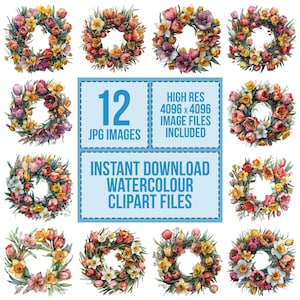 12 lentekrans clipart, aquarel tulpen en narcissen, afdrukbare aquarel clipart, papercrafts, kunst aan de muur, digitale download, ongewenste tijdschriften