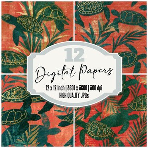 Könnte beinhalten: Eine Sammlung von 12 digitalen Papieren mit einem sich wiederholenden Muster aus Meeresschildkröten und tropischem Laub in Türkis, Gold und Grün auf rotem Hintergrund. Die Papiere sind 30,48 cm x 30,48 cm groß und hochwertige JPGs.