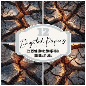 May include: A digital art collection featuring 12 high-quality JPGs. The images showcase a cracked earth texture in shades of gray and brown. Each image is 12 x 12 inches and 3600 x 3600 pixels at 300 dpi. The text "Digital Papers" is displayed.