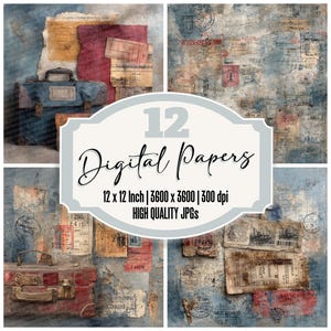 May include: Four digital paper designs with a vintage travel theme. Each square features a textured background in shades of blue, beige, and red, with elements like luggage, tickets, and stamps. The text "12 Digital Papers" is displayed.
