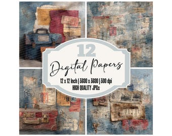 Puede incluir: Un collage de cuatro diseños de papel digital con temática de viajes vintage. Cada cuadrado presenta un fondo texturizado en tonos azules, beige y rojos, con elementos como equipaje, boletos y sellos. Se muestra el texto "12 Digital Papers".