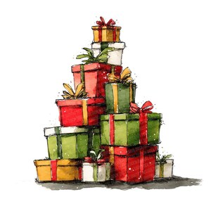 Op de afbeelding: Waterverfillustratie van een stapel ingepakte cadeaus. De cadeaus zijn in verschillende maten en kleuren, waaronder rood, groen, geel en wit, en zijn vastgebonden met linten. De afbeelding heeft een feestelijk, vakantiethema.