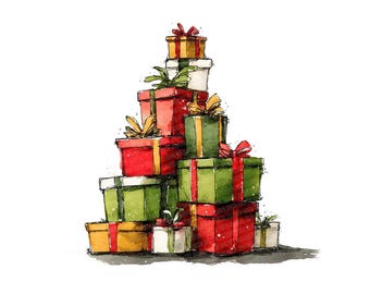 12x Watercolor Present Stack Christmas Tree PNG Clipart, Holiday Gift Boxes Clip Art, Transparent PNG, Digital Download for Seasonal Crafts