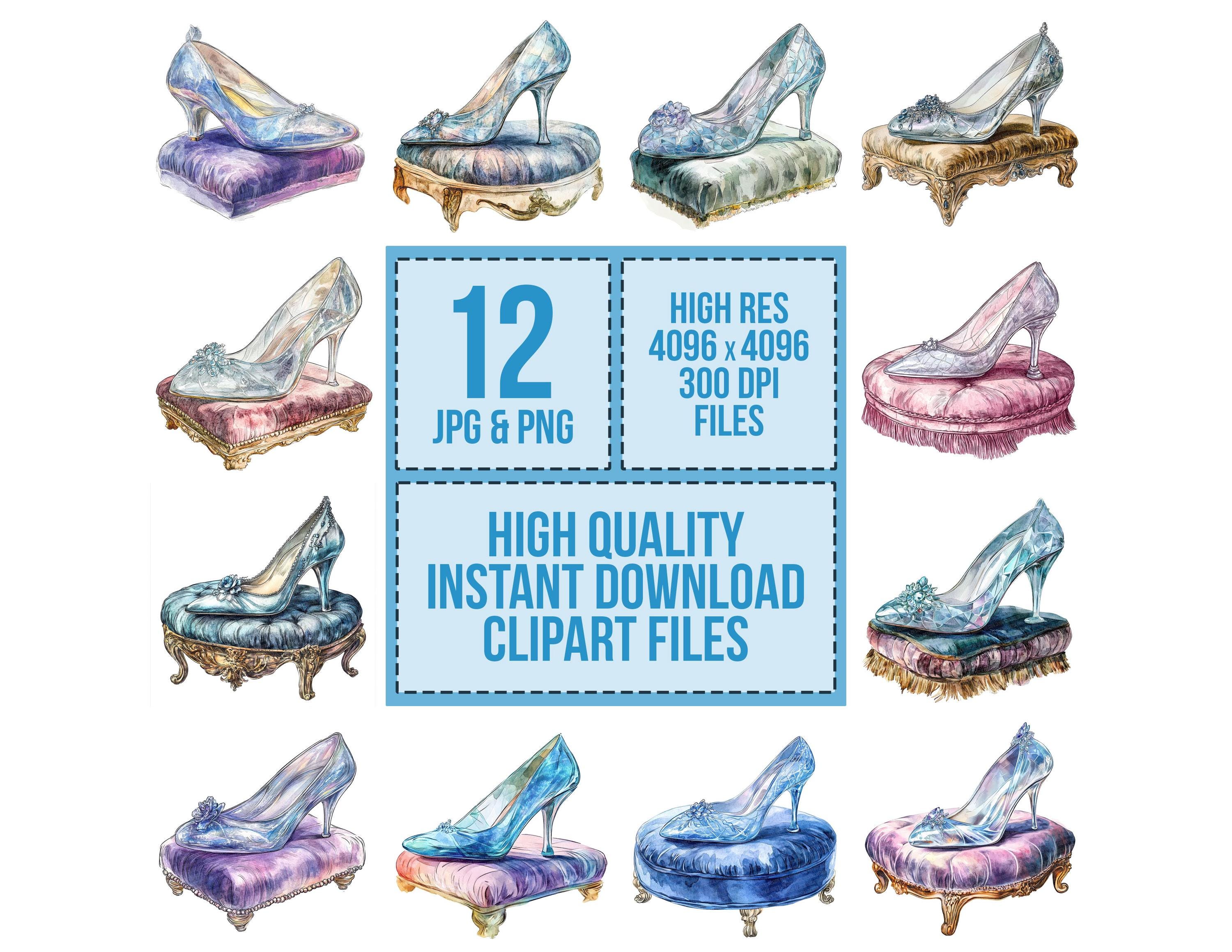 Glazen muiltje PNG-clipart, 12 x Assepoester schoen Clip Art Set,  afdrukbare aquarel sprookje illustraties, papier ambachten, digitale  download - Etsy België, image size:3000x2319