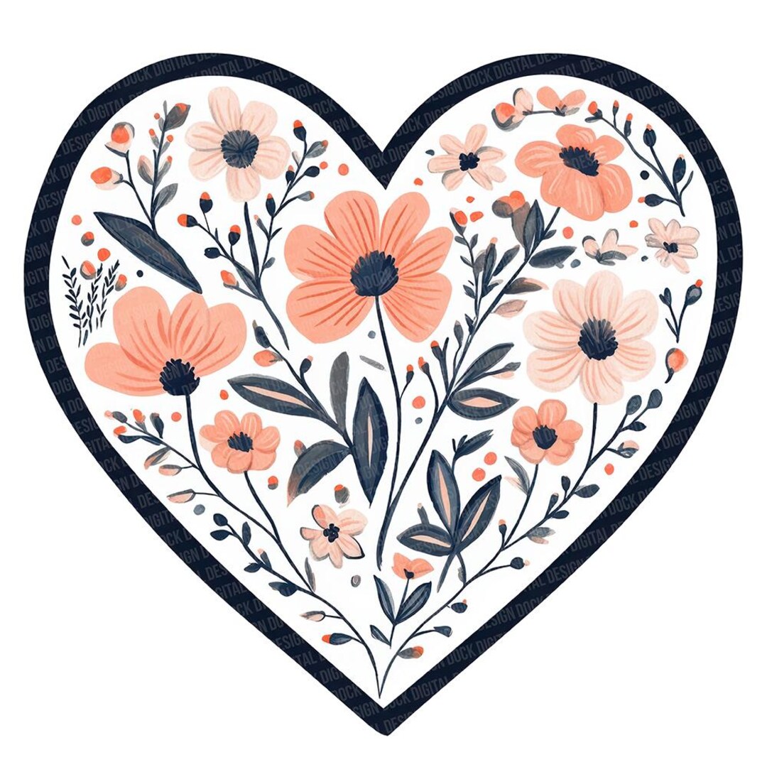 Floral Heart PNG Clip Art, 12x Folk Heart Flower Clipart Set