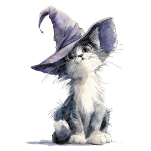 May include: A watercolour illustration of a grey and white kitten wearing a purple witch's hat. The kitten is sitting and looking upwards with large eyes. The artwork has a whimsical and cute style, ideal for Halloween or cat lovers.